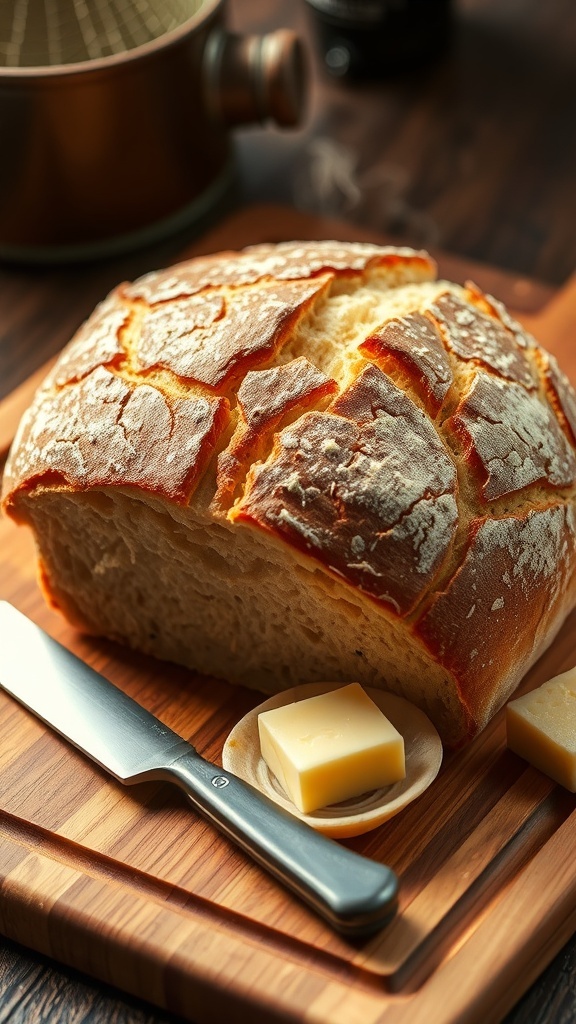 A golden crusted loaf of sourdough bread on a wooden board with a knife and butter.